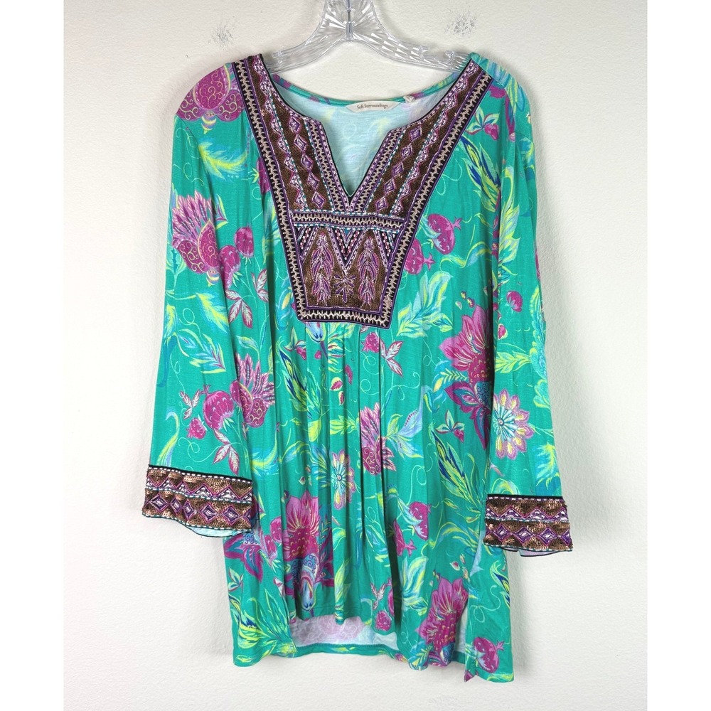 Soft Surroundings Tunic Women L Teal Green Floral Embroidered Sequin 2DJ33 Top